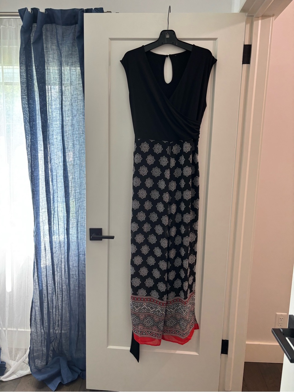 Black Patterned faux jumpsuit with wide leg Red Trim